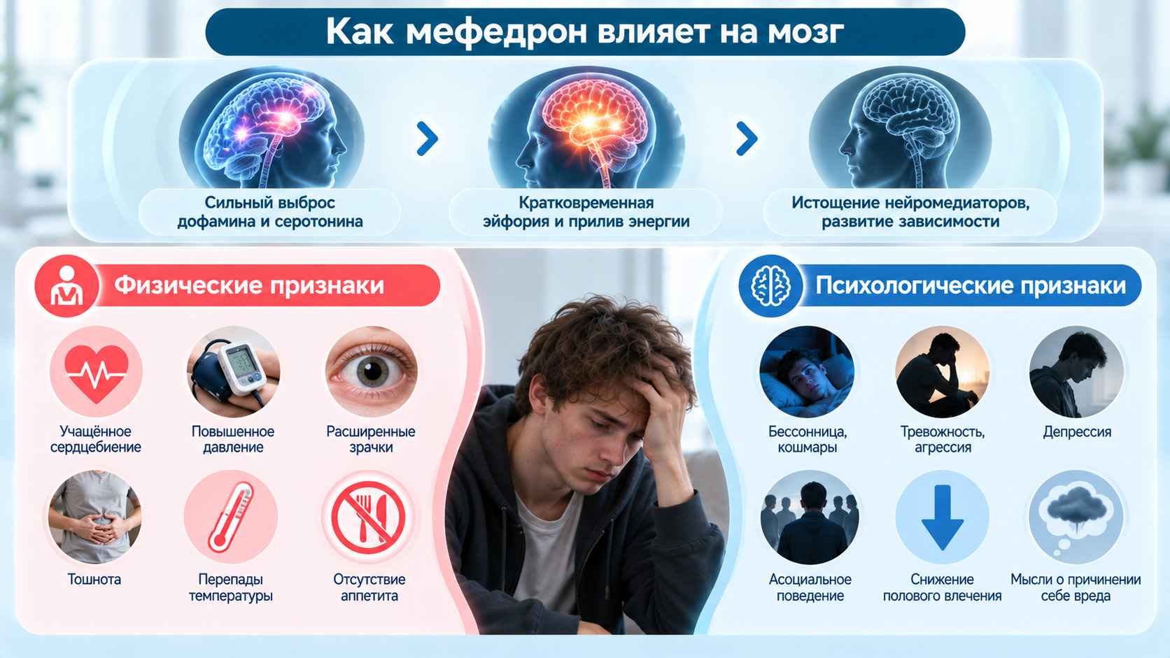 Мефедроновая зависимость — влияние на мозг и основные симптомы. Инфографика о влиянии мефедрона на мозг, физических и психологических признаках зависимости.
